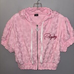 Playboy Pink Cropped Hoodie Puff Short Sleeves Bunny Zipper Logo Women's Size L